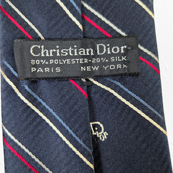 80s Vintage Christian Dior Navy Red Diagonal Striped Silk Blend 3 x 56 Neck Tie - Picture 8 of 10